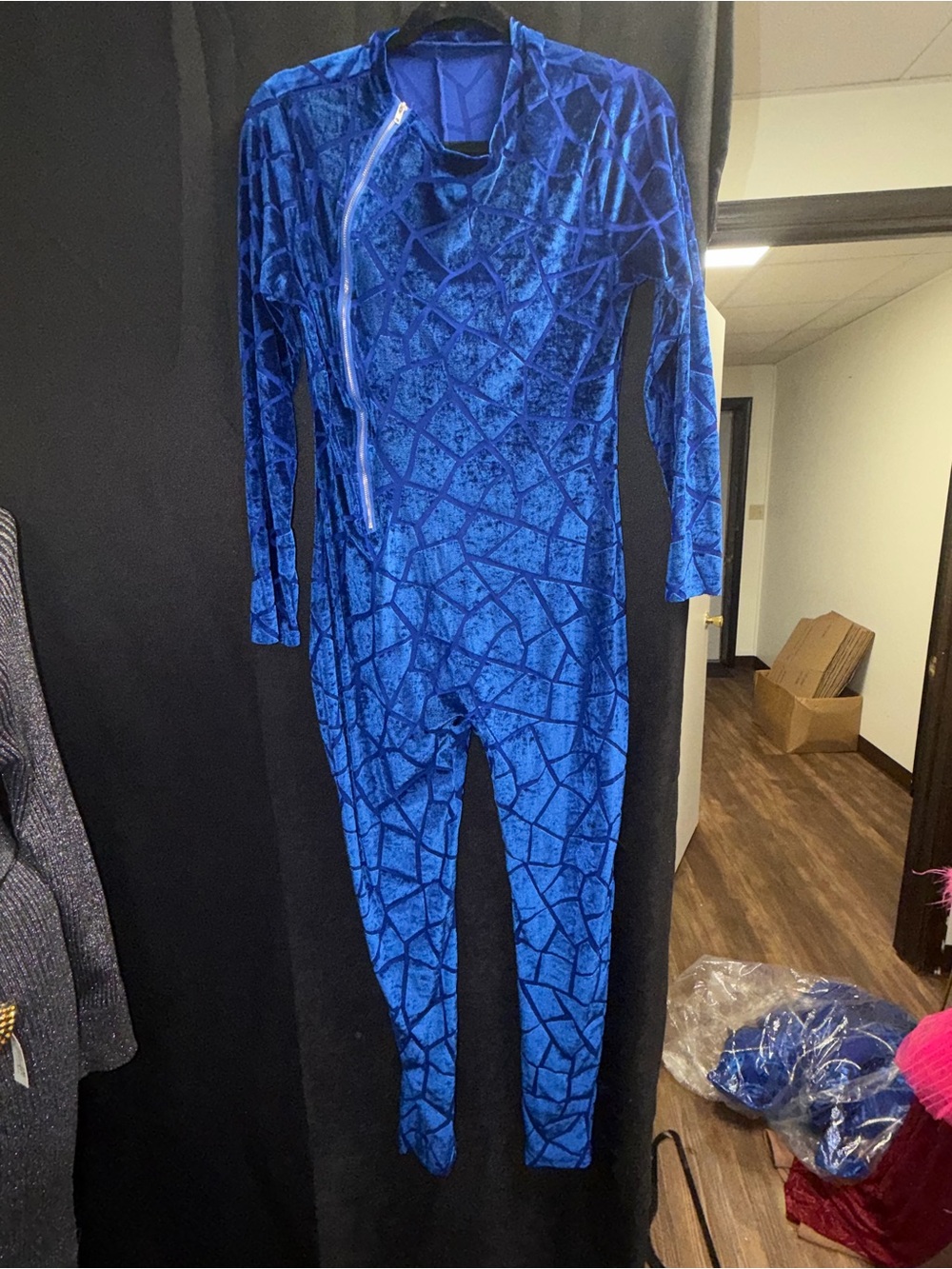 Blue Patterned Velvet Jumpsuit